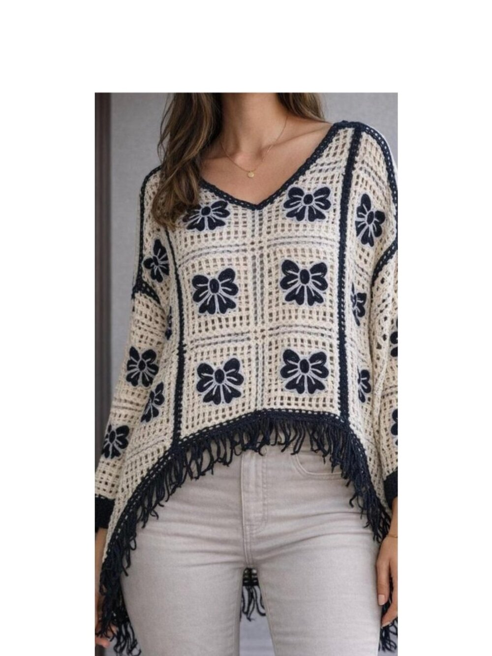 House Of Harlow 1960 Crochet Knit Top With Fringe Hem & Floral Pattern - One Siz